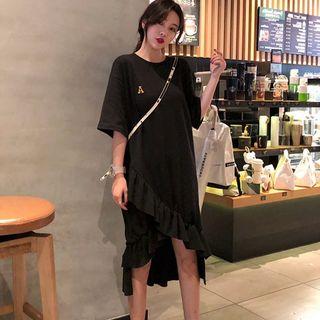 Elbow Sleeve Frilled Trim Asymmetric Dress