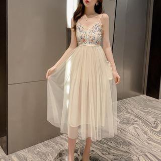Spaghetti-strap Embroidered Mesh Cocktail Dress