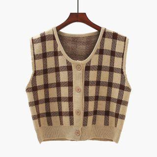 Plaid Button-up Cropped Knit Vest