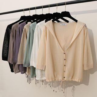 3/4-sleeve Drawstring-hem Hooded Knit Cardigan
