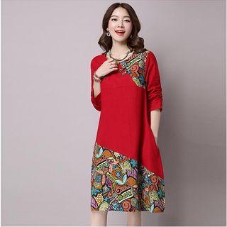 Printed Panel Long Sleeve Midi Dress