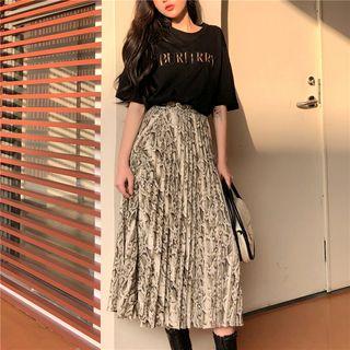 Snake Print Midi Accordion Pleat Skirt Off White - One Size