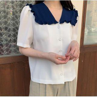 Ruffle Trim Contrast Collar Short-sleeve Blouse