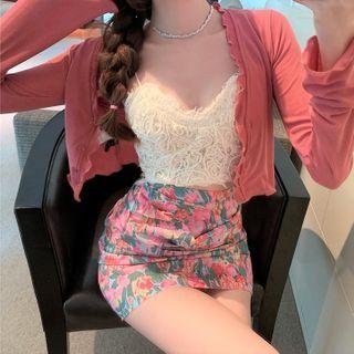 Lace Camisole Top / Floral Print Pencil Skirt / Cropped Cardigan
