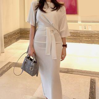 Tie-waist Boatneck Maxi Sheath Dress