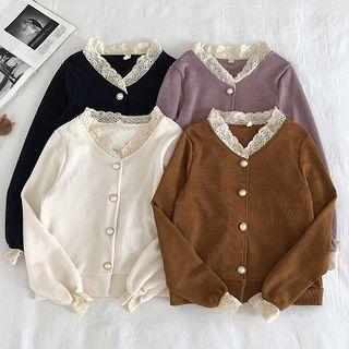 Plain Single-breasted Panel Lace-trim Long-sleeve Knit Top