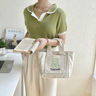 Bear Embroidered Handbag White - One Size