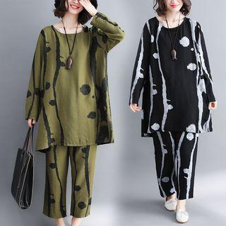 Set: Printed Long-sleeve Top + Straight Fit Pants