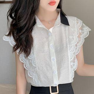 Cap-sleeve Lace Trim Buttoned Blouse