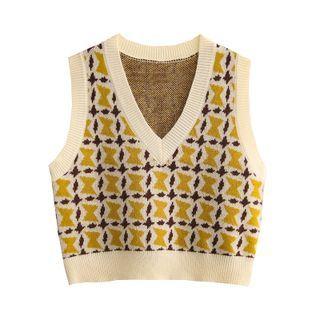 V-neck Patterned Sweater Vest Khaki - One Size