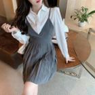 Plain Long-sleeve Shirt / V-neck Accordion Pleat Suspender Skirt