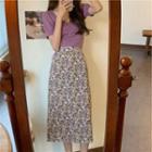 Short-sleeve Top / Floral Print Midi A-line Skirt / Set