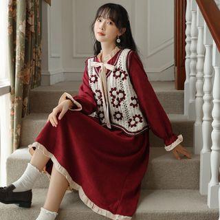 Long-sleeve Tie-neck Midi A-line Dress / Floral Sweater Vest / Set