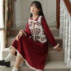 Long-sleeve Tie-neck Midi A-line Dress / Floral Sweater Vest / Set
