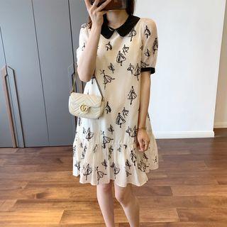 Short-sleeve Collar Ballerina Print Smock Dress