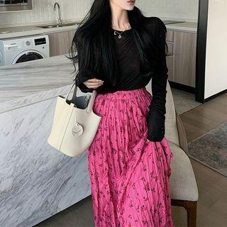 Floral Print Midi A-line Skirt / Long-sleeve Top