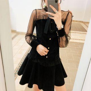 Set: Mesh Panel Tie-neck Top + A-line Skirt