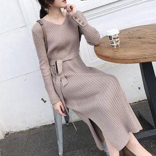 V-neck Midi Rib Knit Dress With Sash