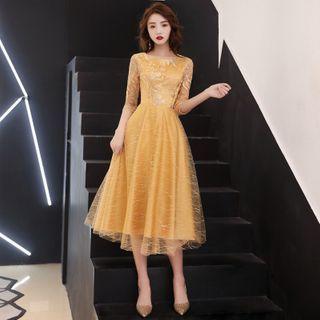 Elbow-sleeve Floral Embroidery A-line Evening Dress