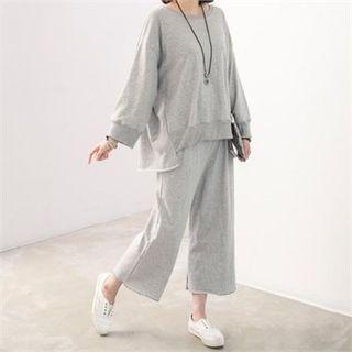 Set: Round-neck Dip-back Pullover + Band-waist Pants