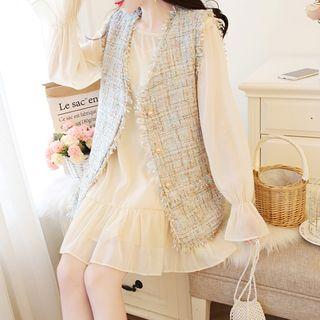Set: Loose-fit Vest + Ruffled Chiffon Dress