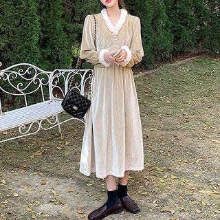 Long-sleeve Faux Fur Trim Midi A-line Dress