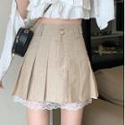 High-waist Stripe Lace Trim A-line Pleated Skirt
