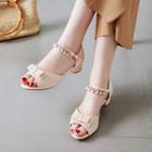Faux Leather Ribbon Accent Pearl Drop Low Heel Sandals