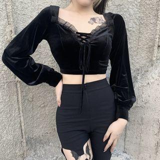 Long Sleeve Ruffled-trim Lace-up Velvet Crop Top