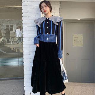Peter Pan-collar Striped Cropped Cardigan / Velvet Midi A-line Skirt