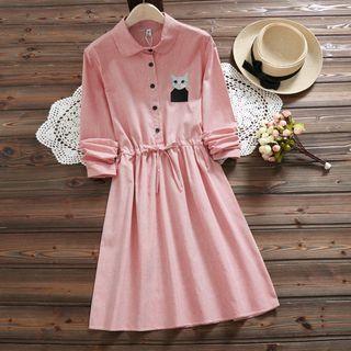 Cat Embroidered Striped Drawstring Waist Shirtdress