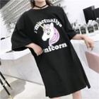 Elbow-sleeve Unicorn Print Midi T-shirt Dress