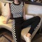 Set: Checkered Tank Top + Checkered Panel Jogger Pants As Shown In Figure - One Size