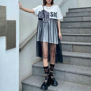Mock Two-piece Short-sleeve Lettering Mesh Panel Dress