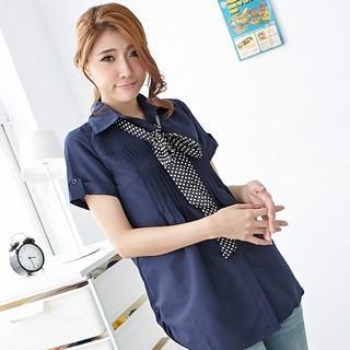Tie-collar Pleated-front Long Blouse