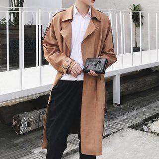 Plain Faux Suede Long Notch Lapel Coat