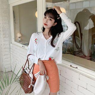 Flower-embroidery Knit Cardigan Ivory - One Size
