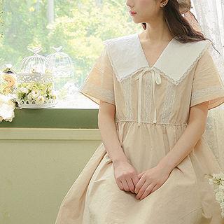 Wide-collar Lace-trim A-line Dress