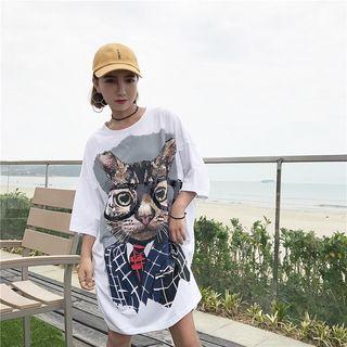Cat Print 3/4-sleeve T-shirt Dress
