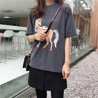 Elbow-sleeve Unicorn Print T-shirt