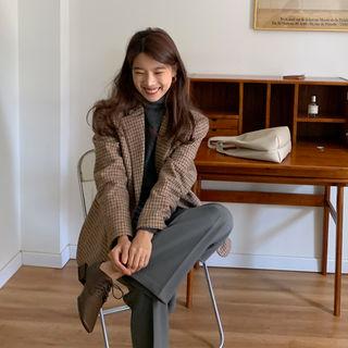 2-button Woolen Plaid Blazer Brown - One Size