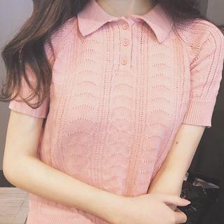 Short Sleeve Polo Neck Knit Top