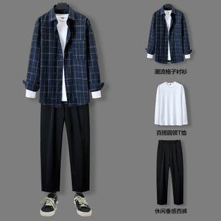 Set: Long-sleeve Plaid Shirt + Pants + Long-sleeve Plain T-shirt