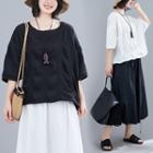Set: Drawstring Elbow-sleeve Blouse + Midi A-line Skirt