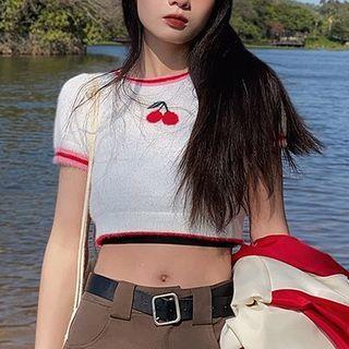 Short-sleeve Cherry Crop Knit Top