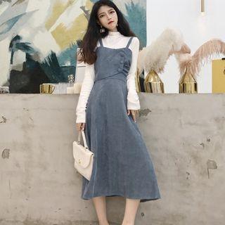 Long-sleeve Mock-neck T-shirt / Corduroy Midi A-line Pinafore Dress