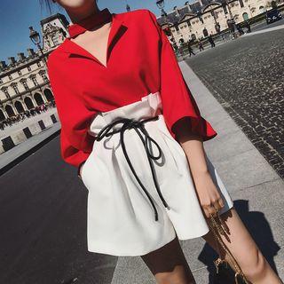Set: 3/4-sleeve Top + Paperbag Waist Shorts