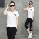 Set: Applique Short-sleeve T-shirt + Striped Cropped Sweatpants