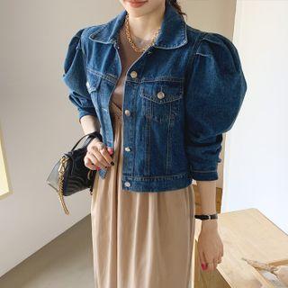 Puff-sleeve Washed Denim Jacket