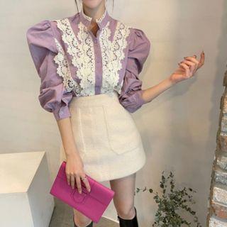 Stand-collar Lace Panel Blouse